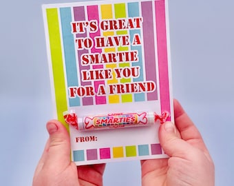 Valentine Printable Cards for Smartie Candy, Kids Valentine Treat, Allergy-Friendly School Valentine, Instant Download Classroom Valentine