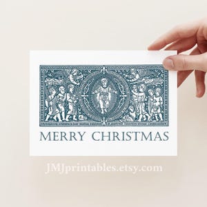 Biglietto di Natale cattolico stampabile Bambino Gesù Natività Incisione DOWNLOAD IMMEDIATO - Biglietto PDF digitale 5X7 e busta stampabile Line Art