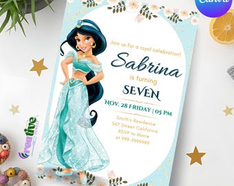 Convite de Aniversário da Jasmine, Modelo de Convite para Festa de Princesa Árabe, Download Digital Instantâneo do Canva, Cartão de Conto de Fadas com Tapete Mágico