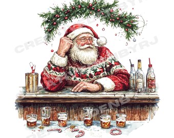 Papai Noel bêbado engraçado PNG: Design de camiseta de Natal (download digital)