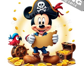 Pirata Mickey Mouse PNG: Clipart de Caça ao Tesouro (Download Digital 14x14 polegadas)