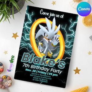May include: A black birthday party invitation featuring a cartoon character inside a gold ring with lightning bolts. The invitation reads "Blake's 7th Birthday Party" with date, time, and location details. The Canva logo is in the upper right corner.