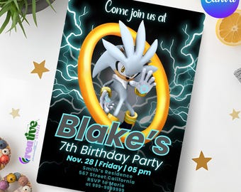 Convite de Aniversário do Sonic Silver, Modelo de Convite para Festa do Ouriço Prateado, Download Digital Instantâneo do Canva, Cartão para o Aniversariante