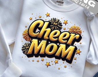 Cheer Mom PNG: Design de líder de torcida com glitter dourado preto (download digital)
