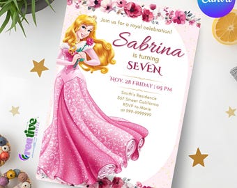 Invitación de cumpleaños Aurora, plantilla de invitación para fiesta de niña princesa durmiente, descarga digital instantánea de Canva, tarjeta de cuento de hadas mágica y hermosa
