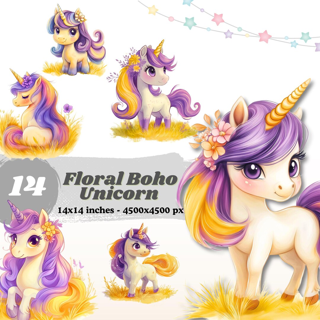 Floral Boho Unicorn Clipart Bundle: Watercolor Spring Design (PNG File ...