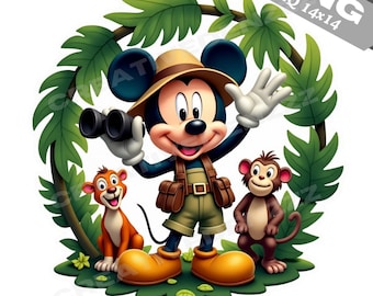 Jungle Explorer Mickey Mouse PNG: Design de sublimação de camisa (download digital 14 x 14 pol.)