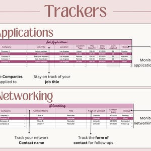 May include: A digital job tracker template featuring two sections titled Trackers, Applications, and Networking. The tables include columns for company, job title, location, pay rate, date applied, and status, with text labels explaining how to monitor application and networking statuses.