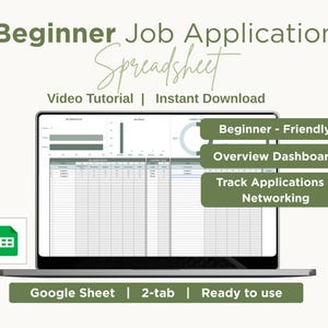 Pode incluir: Um ecrã de computador portátil mostra uma folha de cálculo para candidaturas de emprego para iniciantes. O ecrã mostra gráficos e tabelas com o texto "Beginner Job Applications Spreadsheet". O texto adicional inclui "Video Tutorial | Instant Download" e "Beginner-Friendly, Overview Dashboard, Track Applications & Networking."