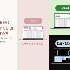 May include: A digital display showing three laptop screens with different color themes: pink, green, and dark mode. The text reads: Choose your color theme! Your job search, your style. Pink, Current listing color, Green, and Dark Mode labels.
