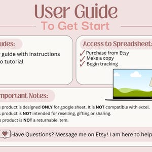 May include: A digital user guide infographic with a light pink background. It features sections titled User Guide To Get Start, Includes, Access to Spreadsheet, and Important Notes. It includes a laptop icon and an Etsy shopping bag icon.
