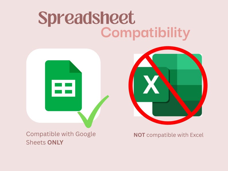 May include: A graphic titled Spreadsheet Compatibility showing a green Google Sheets icon with a green checkmark labeled Compatible with Google Sheets ONLY, and a green Excel icon with a red circle and slash labeled NOT compatible with Excel.