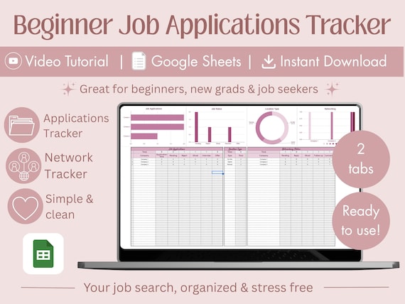 Job Application Tracker Google Sheets | Job Search Planner & Interview Tracker | Job Offer Log, Networking Log, Simple Dashboard Template