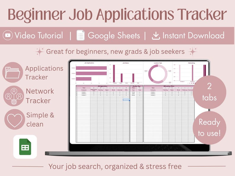 May include: A digital job application tracker template for Google Sheets displayed on a laptop screen. The interface features charts, graphs, and organized columns for tracking applications, networking, and job status in a mauve and white color scheme.