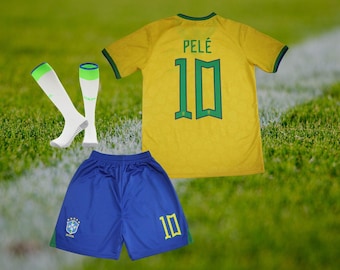 Pele Brasil voetbalshirt voor kinderen | 22 Home-editie | Jersey shorts sokken | Voetbaltenue jeugdmaten | Cadeau voor kinderen Neefje kleinkinderen