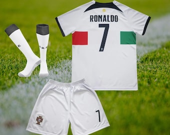 Cristiano Ronaldo wit Portugal uitshirt voetbalshirt voor kinderen | 22-23 Beperkte speciale editie | Jerseyshort | Voetbaltenue jeugdmaten