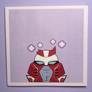 May include: A cartoon illustration of a red and white robot with a blue face, wearing a red helmet with a white stripe. The robot is smiling and has a thought bubble above its head with three white clouds.