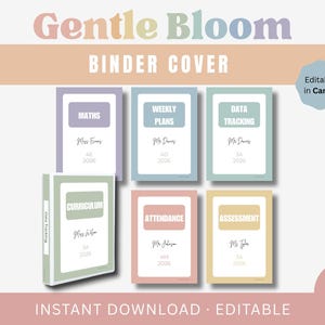 Puede incluir: Un conjunto de cubiertas de carpeta en colores pastel, con títulos como "Matemáticas", "Planes Semanales" y "Seguimiento de Datos". Las cubiertas incluyen nombres y fechas. Las palabras "Gentle Bloom" y "Binder Cover" están en la parte superior. El texto "Instant Download" y "Editable" está en la parte inferior.