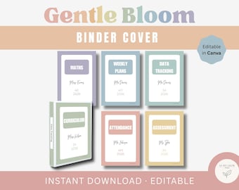 Etiquetas editables para lomos y portadas de carpetas para profesores / Plantilla Gentle Bloom de Canva (descarga digital)
