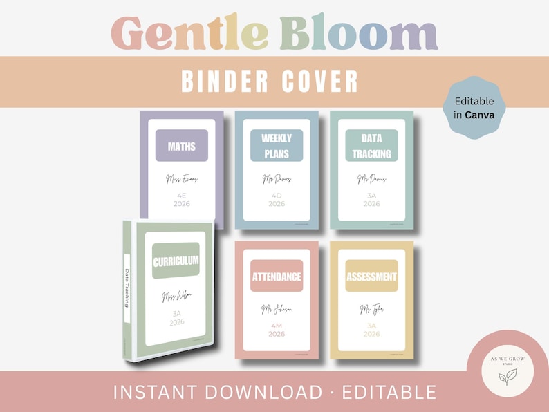 Puede incluir: Un conjunto de cubiertas de carpeta en colores pastel, con t&iacute;tulos como "Matem&aacute;ticas", "Planes Semanales" y "Seguimiento de Datos". Las cubiertas incluyen nombres y fechas. Las palabras "Gentle Bloom" y "Binder Cover" est&aacute;n en la parte superior. El texto "Instant Download" y "Editable" est&aacute; en la parte inferior.