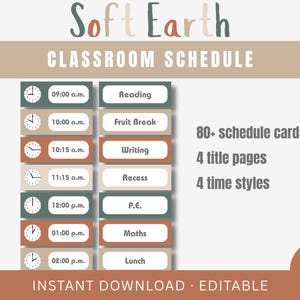 Peut inclure: Un emploi du temps scolaire avec le texte "Soft Earth" en haut. L'emploi du temps comprend des horaires de 9h00 à 14h00 avec des activités comme Lecture, Pause Fruitée et Déjeuner. L'image indique également "80+ fiches d'emploi du temps, 4 pages de titre, 4 styles de temps."