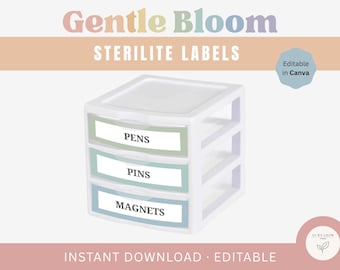 Puede incluir: Etiquetas Sterilite blancas con el texto "Gentle Bloom STERILITE LABELS". Las etiquetas son para bolígrafos, alfileres e imanes. La imagen también incluye el texto "Instant Download - Editable".