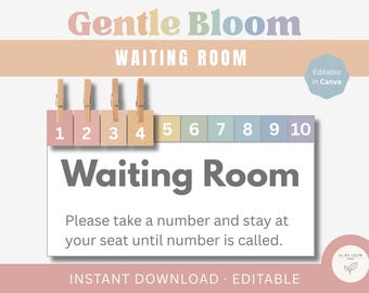 Puede incluir: Un letrero de sala de espera con las palabras "Gentle Bloom" y "Waiting Room" en colores pastel. El letrero incluye un sistema de numeración del 1 al 10 e instrucciones para los invitados. El letrero es editable en Canva.
