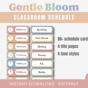 Schede modificabili per la programmazione delle lezioni, immagini della routine quotidiana GENTLE BLOOM con colori pastello e arcobaleno (download digitale)
