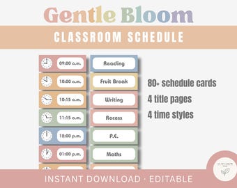 Tarjetas editables para el horario del aula, imágenes de rutina diaria con arcoíris pastel GENTLE BLOOM (descarga digital)