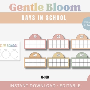 May include: A printable school days tracker with the text "Gentle Bloom DAYS IN SCHOOL". The design includes a chart for tracking days, with numbers 10, 20, 30, 40, 50, and 60 displayed. The words "Instant Download" are also visible.