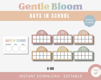 Puede incluir: Un rastreador imprimible de días escolares con el texto "Gentle Bloom DAYS IN SCHOOL". El diseño incluye una tabla para rastrear los días, con los números 10, 20, 30, 40, 50 y 60 mostrados. También se ven las palabras "Descarga instantánea".