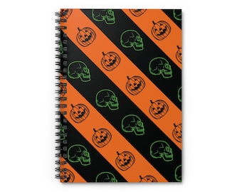 Cuaderno espiral de Halloween con calaveras y linternas de calabaza: línea rayada, cuaderno para la vuelta al cole.