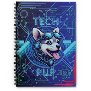 Puede incluir: Una libreta espiral azul y verde con un diseño futurista que presenta un perro de dibujos animados con gafas y un casco de robot. El texto "TECH PUP" está impreso en la portada.