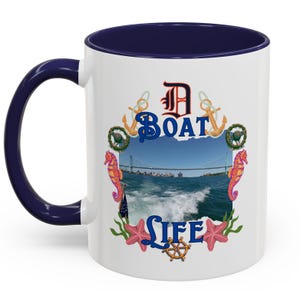 Detroit Boat Life - Coffee Mug, Views of the Ren Cen and The Ambassador Bridge From the Detroit River. Great Gift for Every Detroiter