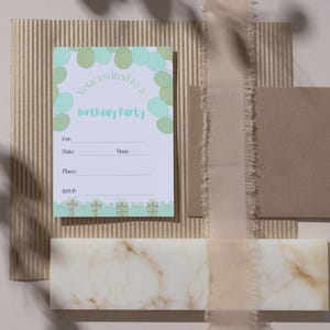 May include: A birthday party invitation with a light green and blue balloon design. The invitation includes the text "Your invited to a Birthday Party" and spaces for details like date, time, and RSVP information.