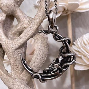 Moon Snake Pendant, Skull Jewelry, Oxidized Gothic Jewelry, Serpent Necklace, Gift for Her, Girlfriend Gift, Moon Punk Style, Biker Amulet
