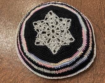 PATTERN ONLY-Hand-Crocheted Woman's Kippah "No Refunds on Patterns" Multi Colored, Black and Silver 7 inch in diameter