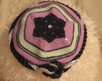 Hand-Crocheted Kippah Black Lavender Light Green/SALE