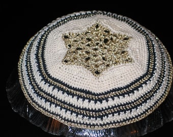 CROCHET PATTERN ONLYGold, Cream and Black Kippah. No Refunds on Patterns