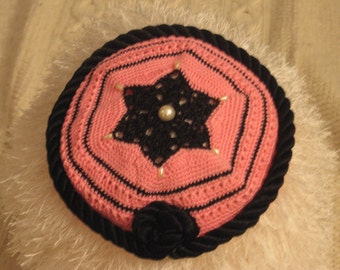 Hand-Crocheted Kippah 100 Pink with Black/SALE