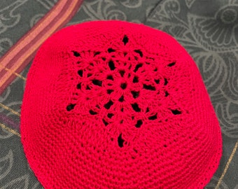 Hand-Crocheted Red Kippah Plain
