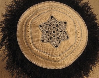 Hand Crocheted Cream & Silver Kippah