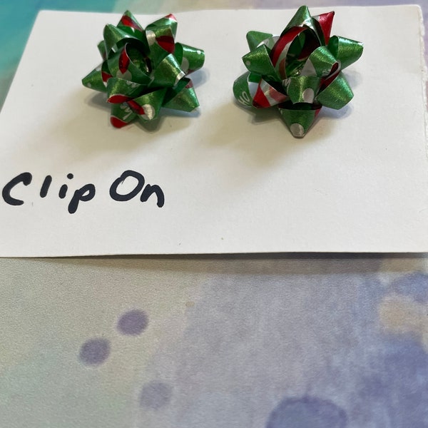 Mini Gift Bows Clip On Earrings, Green, Red & Silver. 1 pair