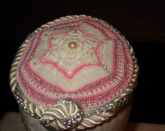 Hand-Crocheted Kippah 100 White & Pink w/Silver. Braided w/Pearls