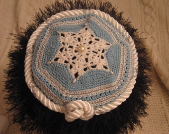 Hand-Crocheted Kippah 100 Light Blue and White with Silver/SALE