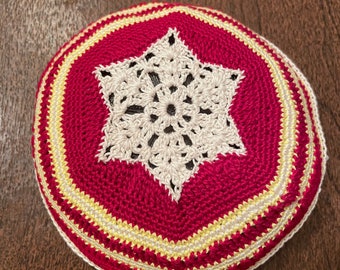 Hand-Crocheted Kippah 101 Red, White & Yellow 7 inches in diameter