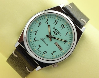 vintage Seiko 5 turquoise Arabische wijzerplaat automatisch werkend herenpolshorloge retromodel 37,5 mm