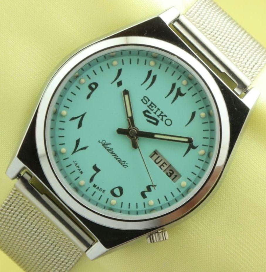 （美品）SEIKO ファイブ　アラビア海外輸出モデル　ヴィンテージ ヴィンテージ セイコー 5 ターコイズ 自動巻き アラビア文字盤 メンズ