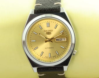 Old Seiko 5 vintage automatique date du jour doré cadran élégant montre-bracelet de travail pour homme montre habillée 37,5 mm garde-temps japonais