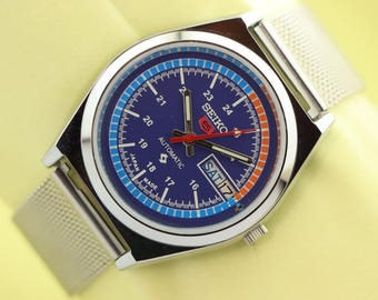 Gebrauchte Seiko 5 Automatik Vintage blaues sportliches Zifferblatt Herren Arbeitsarmbanduhr Retro-Modell 37.5 mm Groomsmen Geschenk